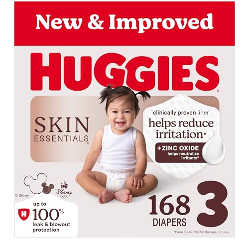 Huggies Size 3 Diapers, Skin Essentials Baby Diapers, Size 3 (16-28 lbs), 168 Count (3 Packs of 56), Packaging May Vary - Image 1
