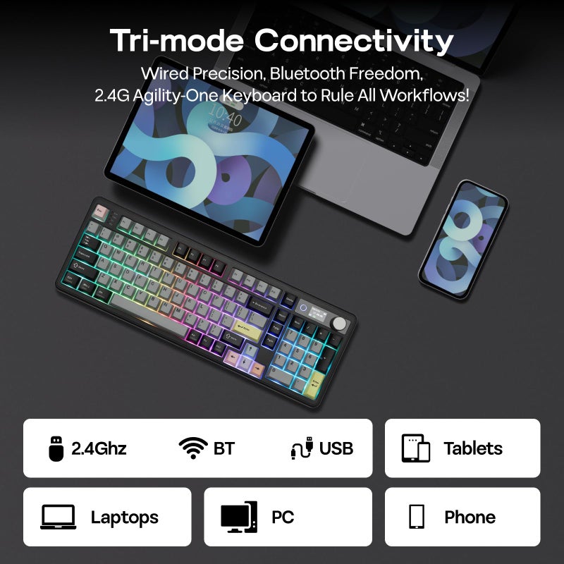 EPOMAKER TH99 PRO 96% Mechanical Keyboard with Screen & Knob, 10000mAh, 2.4Ghz/BT, Hot Swap, Custom Driver, RGB Backlight, PBT Keycap, Wireless Gaming Keyboard for PC/Mac (Black, Creamy Jade) - Image 5
