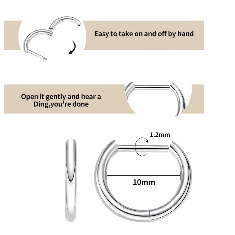 VOJO G23 Titanium Silver Hoop Earrings Small Huggie Earrings Hinged Lobe Cartilage 16G for Sensitive Ears (Silver,16G 10mm) - Image 3