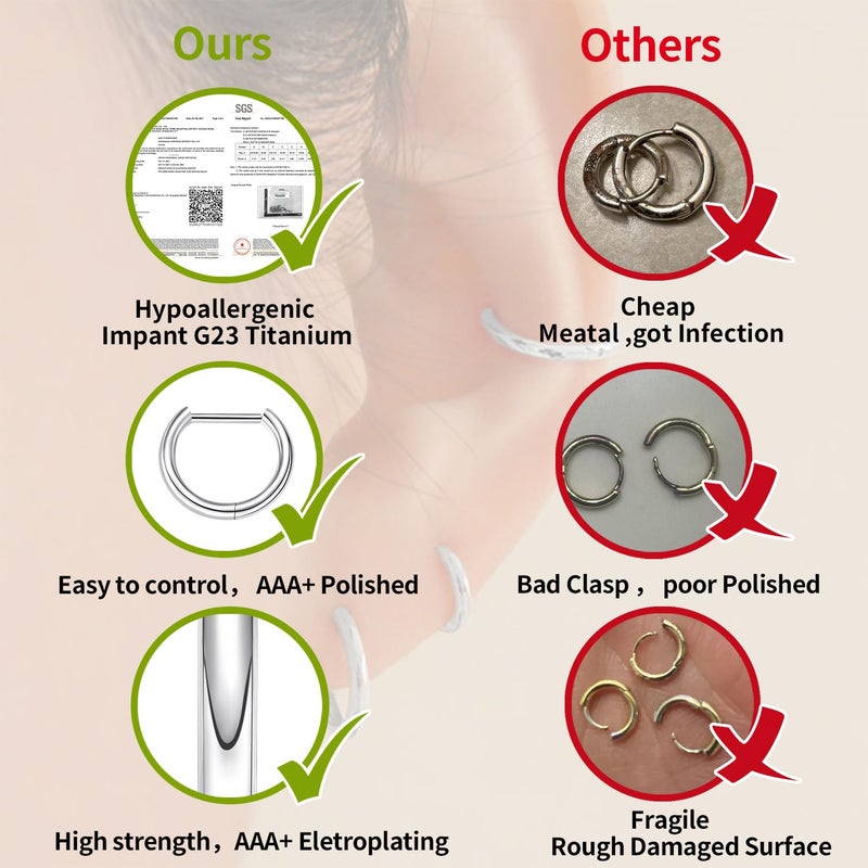 VOJO G23 Titanium Silver Hoop Earrings Small Huggie Earrings Hinged Lobe Cartilage 16G for Sensitive Ears (Silver,16G 10mm) - Image 5