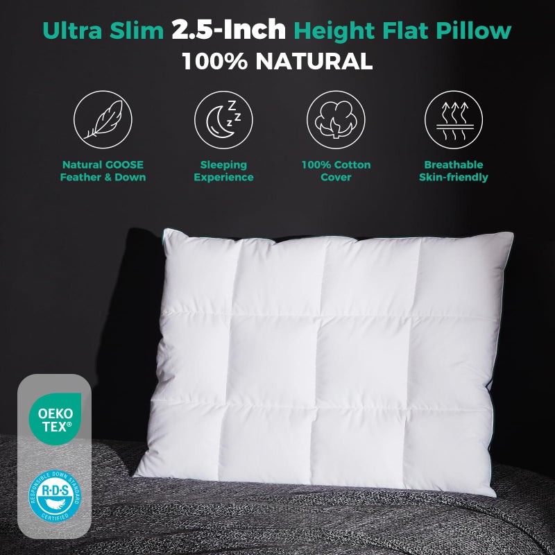 Three Geese Ultra Thin Flat Goose Down Feather Pillows for Sleeping Standard Size, 2.5" Height, 100% Cotton Cover, Ultra Slim Hotel Collection Bed Pillow for Stomach, Back Sleeper, 18x26 in. - Image 2