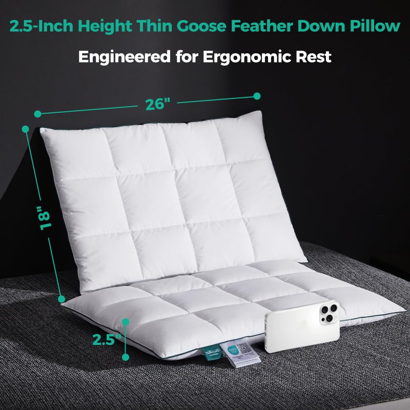 Three Geese Ultra Thin Flat Goose Down Feather Pillows for Sleeping Standard Size, 2.5" Height, 100% Cotton Cover, Ultra Slim Hotel Collection Bed Pillow for Stomach, Back Sleeper, 18x26 in. - Image 3