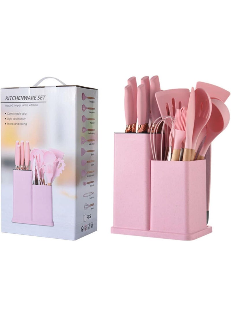 طقم توزيع سيليكون بيد خشب مع سكاكين ولوح تقطيع وحامل – 18 قطعة - Image 1