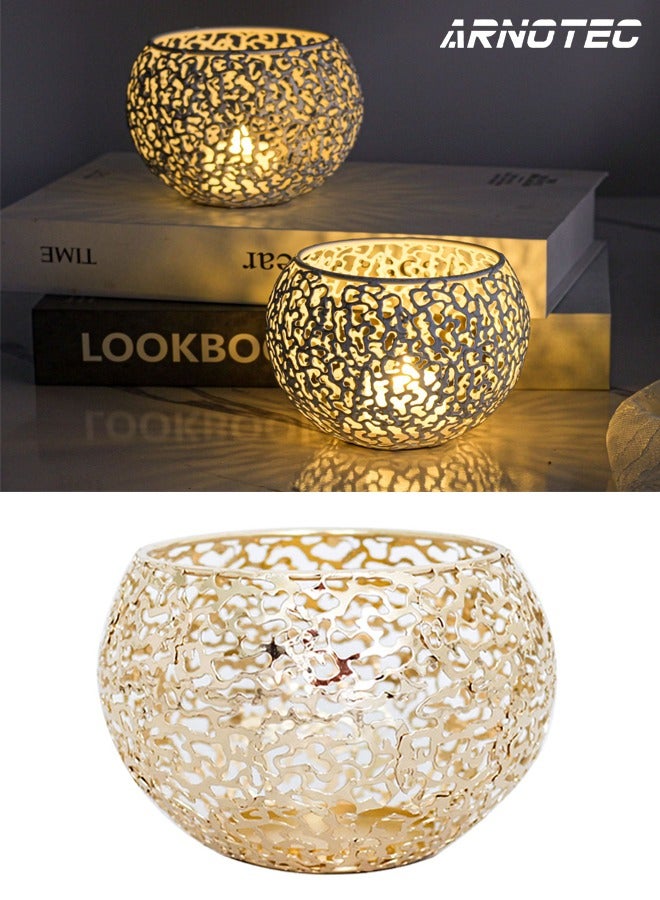 ARNOTEC Ramadan Modern Gold Electroplated Hollow Metal Candle Holder, Artistic Spherical Tealight Holder with Cut-Out Design for Table Centerpiece, Home & Festive Decor (11×11×9 cm) - Image 2