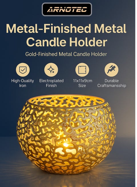 Ramadan Modern Gold Electroplated Hollow Metal Candle Holder, Artistic Spherical Tealight Holder with Cut-Out Design for Table Centerpiece, Home & Festive Decor (11×11×9 cm)