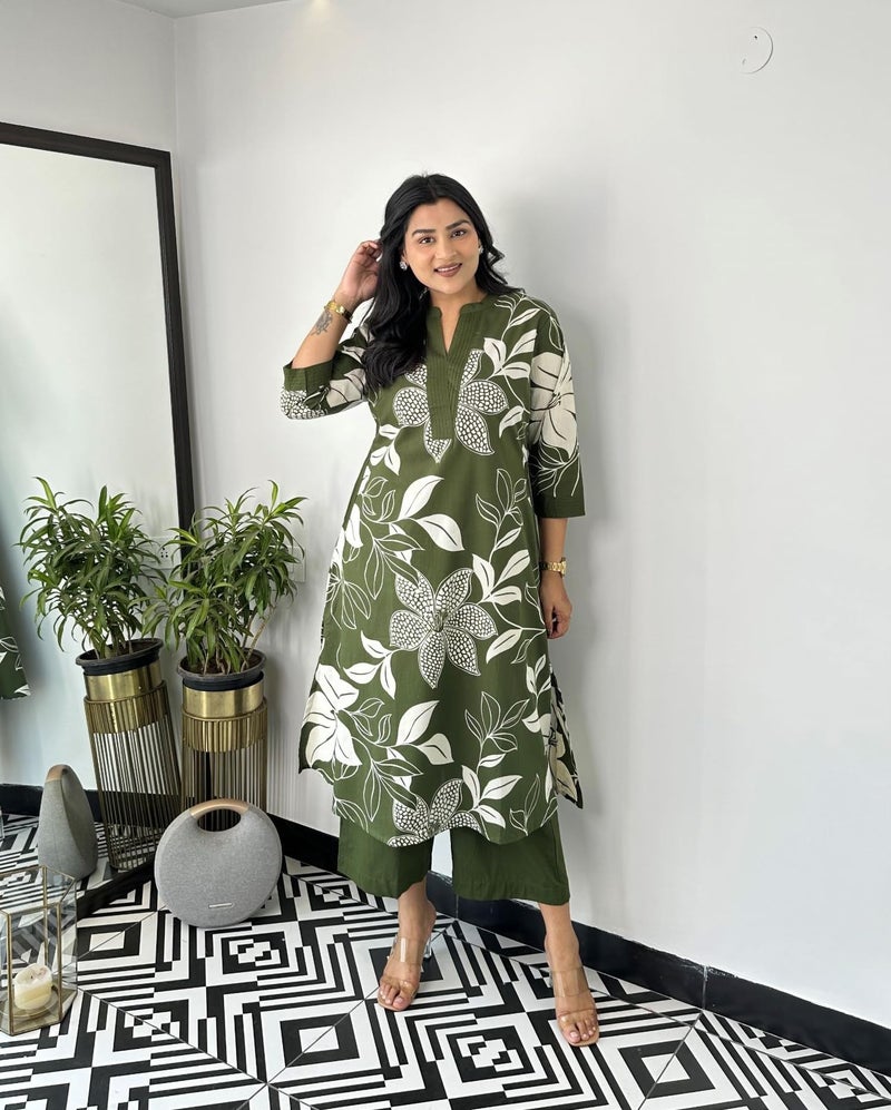 LookMark Women's Floral Printed Cotton Blend 3/4th Sleeve Knee Length V-Neck Kurta and Palazzo Set for Women (AZ-LM-OG-KS2204 MAHENDI-M) - Image 5