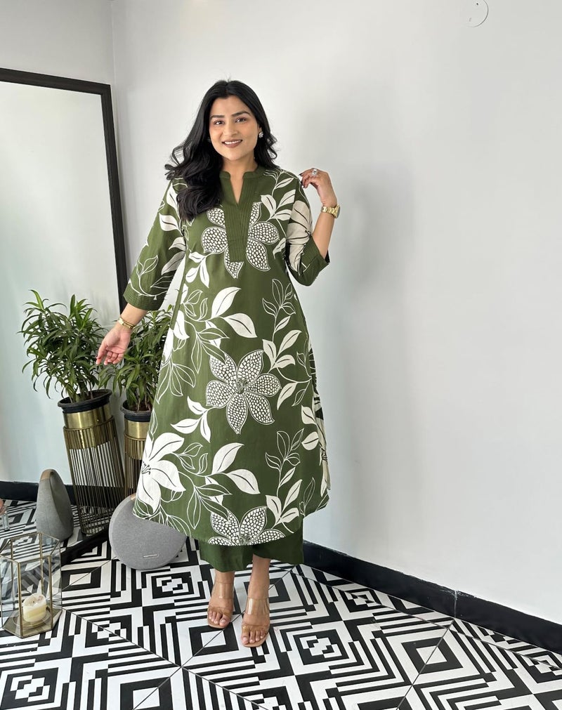 LookMark Women's Floral Printed Cotton Blend 3/4th Sleeve Knee Length V-Neck Kurta and Palazzo Set for Women (AZ-LM-OG-KS2204 MAHENDI-M) - Image 3