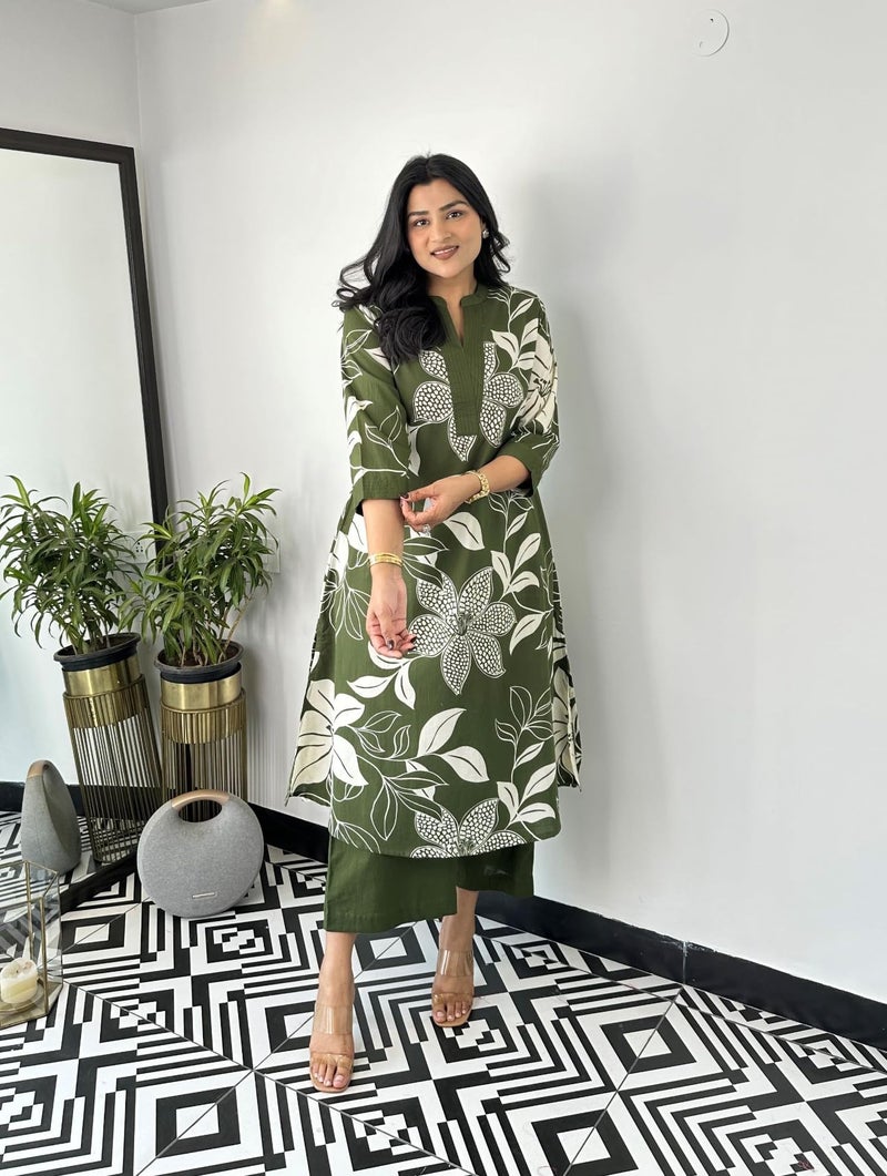 LookMark Women's Floral Printed Cotton Blend 3/4th Sleeve Knee Length V-Neck Kurta and Palazzo Set for Women (AZ-LM-OG-KS2204 MAHENDI-M) - Image 2