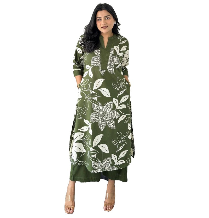 LookMark Women's Floral Printed Cotton Blend 3/4th Sleeve Knee Length V-Neck Kurta and Palazzo Set for Women (AZ-LM-OG-KS2204 MAHENDI-M) - Image 1