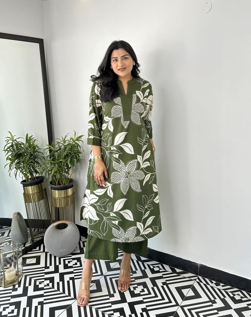 LookMark Women's Floral Printed Cotton Blend 3/4th Sleeve Knee Length V-Neck Kurta and Palazzo Set for Women (AZ-LM-OG-KS2204 MAHENDI-M) - Image 4