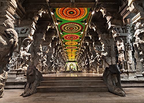 BELECO 7x5ft Fabric Indian Hindu Temple Backdrop Religious Hall of Thousands of Columns Ancient Temple Basrelief Statues India Background Kids Adults Portrait Shoot Photo Studio Props Wallpaper - Image 1