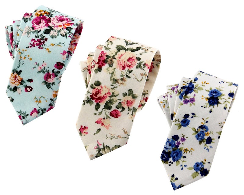 LEVAO-Men's Skinny Tie Floral Cotton Neck Ties for Men Mix3-A - Image 1