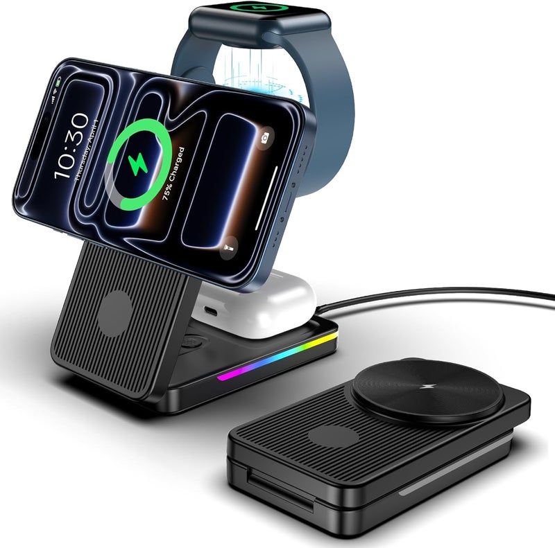 NeotrixQI Magnetic Wireless Charger Charger, 15W Fast Charging Mag-Safe Charger Stand for iPhone 16 15 Pro Max/14, Foldable Apple Charging Station for i Watch 10/9/Ultra, Travel Charger for AirPods Pro - Image 1