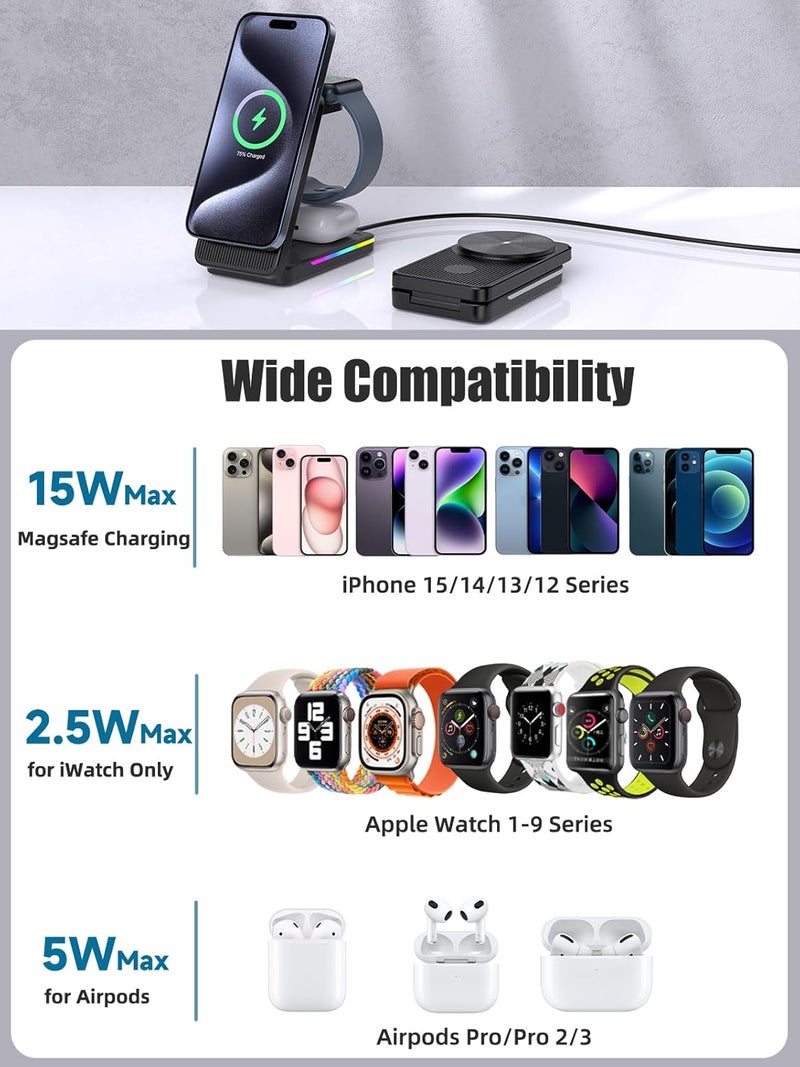 NeotrixQI Magnetic Wireless Charger Charger, 15W Fast Charging Mag-Safe Charger Stand for iPhone 16 15 Pro Max/14, Foldable Apple Charging Station for i Watch 10/9/Ultra, Travel Charger for AirPods Pro - Image 2