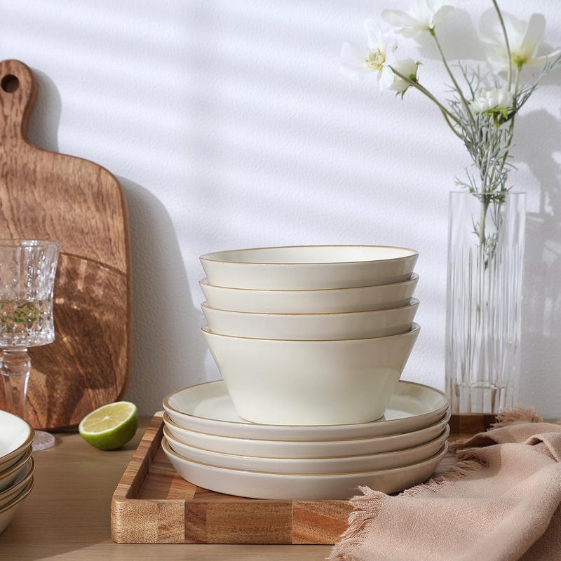 Famiware Saturn Dinnerware Sets Plates and Bowls Sets for 4 12 Pieces Stoneware Dish Set  Chip and Scratch Resistant Microwave and Dishwasher Safe Tableware Set Vanilla White with Rim - Image 5