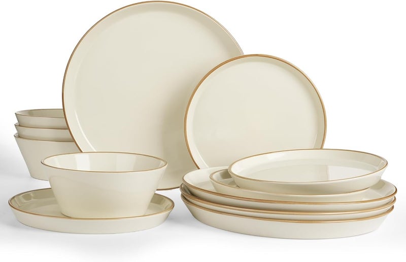 Famiware Saturn Dinnerware Sets Plates and Bowls Sets for 4 12 Pieces Stoneware Dish Set  Chip and Scratch Resistant Microwave and Dishwasher Safe Tableware Set Vanilla White with Rim - Image 1