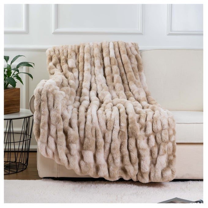 RUCHED LUXURIOUS SOFT BEIGE FAUX FUR THROW BLANKET FUZZY PLUSH ELEGANT WITH REVERSIBLE MINK BLANKET FOR SOFACHAIR COUCH LIVING ROOM HOME DECORATIVE BLANKET TIE DYE BEIGE 50X60