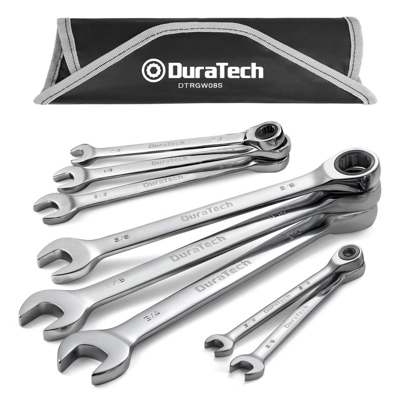 DURATECH Ratcheting Wrench Set Combination Wrench Set SAE 8piece 516 to 34 CRV Steel with Pouch