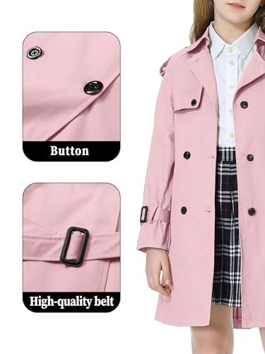 Betusline Girls Trench Coat Double Breasted Classic Lapel Belted Windproof Overcoat Outwear,2# Light Pink,13-14 Years = Tag 170 - Image 4