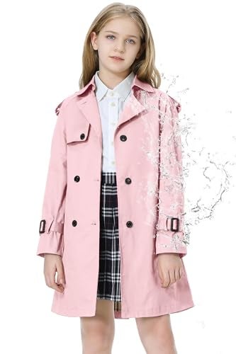 Betusline Girls Trench Coat Double Breasted Classic Lapel Belted Windproof Overcoat Outwear,2# Light Pink,13-14 Years = Tag 170 - Image 1