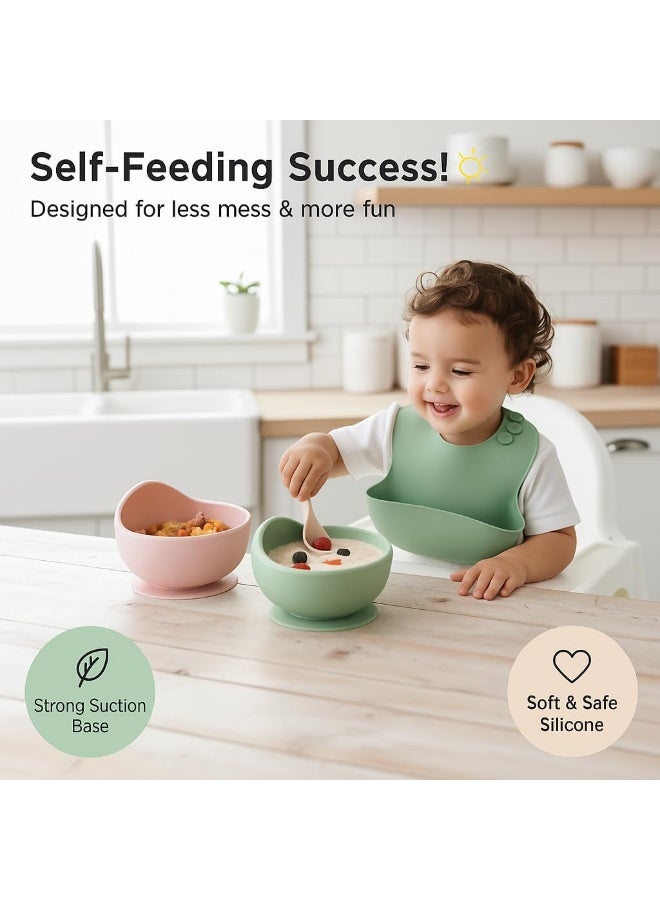 DAILYLIFE Food Grade Silicone Baby Suction Bowl with Spoon, Non-Slip Stay Put Design, High Edge for Self Feeding, Dishwasher Safe, BPA Free, 12cm x 9cm, Avocado Green