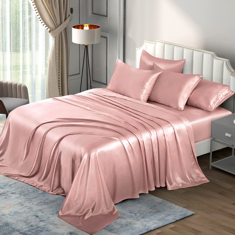 P Pothuiny Pothuiny Satin Sheets King  Luxury Silky Satin Bed Sheets Extra Soft Sheet Set 6 Pieces Champagne  1 Fitted  1 Flat  4 Pillow Cases