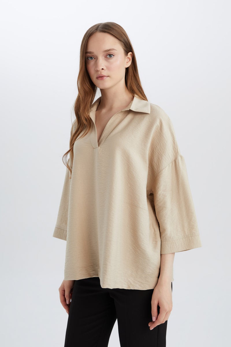 DeFacto Beige Woman Regular Fit Crew Neck Long Sleeve Blouse Casual - Image 3