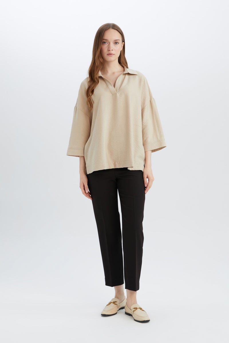 DeFacto Beige Woman Regular Fit Crew Neck Long Sleeve Blouse Casual - Image 4