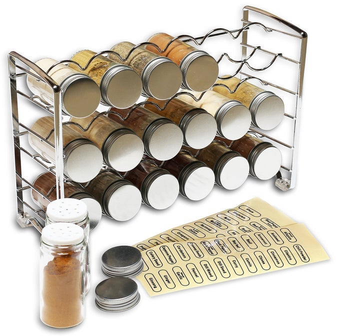 SPICE RACK STAND HOLDER WITH 18 BOTTLES AND 48 LABELS CHROME