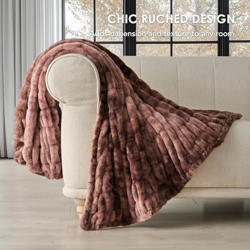 EVERGRACE Luxurious Soft Faux Rabbit Fur Throw Blanket Cozy Fuzzy Plush Warm Throws for Couch Bed Sofa Chair Home Decor Ruched Bubble Fluffy Blanket with Reversible Velvet 50 x 60 Mocha Brown - Image 3