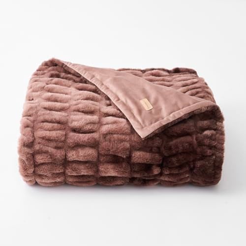 EVERGRACE Luxurious Soft Faux Rabbit Fur Throw Blanket Cozy Fuzzy Plush Warm Throws for Couch Bed Sofa Chair Home Decor Ruched Bubble Fluffy Blanket with Reversible Velvet 50 x 60 Mocha Brown - Image 1