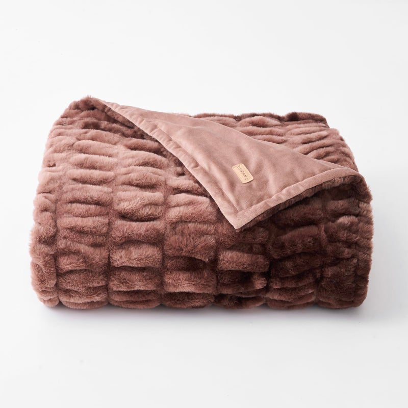 EVERGRACE Luxurious Soft Faux Rabbit Fur Throw Blanket Cozy Fuzzy Plush Warm Throws for Couch Bed Sofa Chair Home Decor Ruched Bubble Fluffy Blanket with Reversible Velvet 50 x 60 Mocha Brown - Image 2