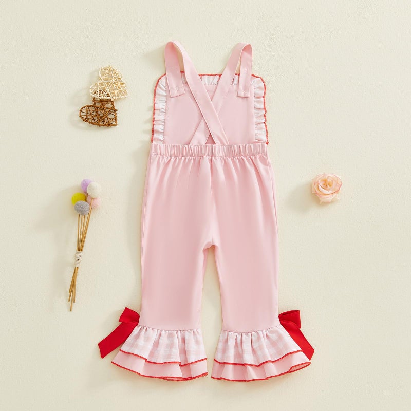 Mieeyali Girls Valentines Day Outfit Overalls Heart Romper Baby Girl Valentines Outfit Bell Bottoms Suspender Jumpsuit (Pink, 6-12 Months) - Image 5