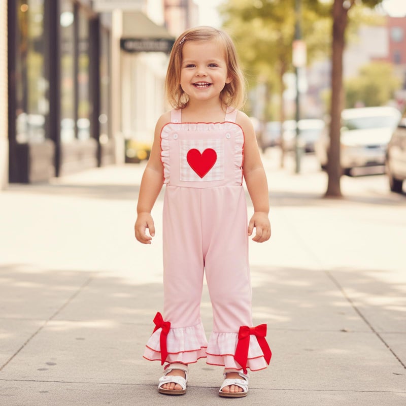 Mieeyali Girls Valentines Day Outfit Overalls Heart Romper Baby Girl Valentines Outfit Bell Bottoms Suspender Jumpsuit (Pink, 6-12 Months) - Image 2