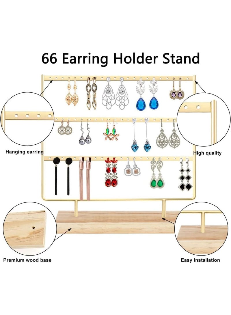 SOLARAE Earring Organiser, Jewelry Stand, Earring Display Stand with Wooden Tray/Dish for Earrings Necklace Bracelet Rings, Earring Holder for Hanging Earrings (66 Holes/3 Layers) - Image 2