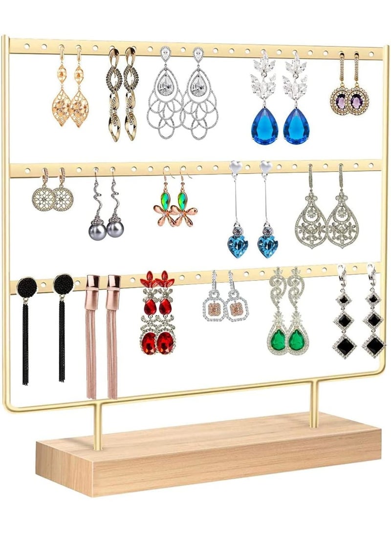SOLARAE Earring Organiser, Jewelry Stand, Earring Display Stand with Wooden Tray/Dish for Earrings Necklace Bracelet Rings, Earring Holder for Hanging Earrings (66 Holes/3 Layers) - Image 1