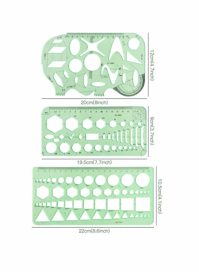 Drawing Templates, 9 Pcs Geometric Measuring Stencils, Engineering and Designing Rulers, Studying, Formwork, Office School, Clear Green - Image 2