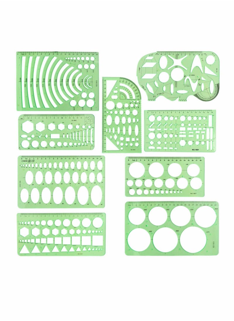 Drawing Templates, 9 Pcs Geometric Measuring Stencils, Engineering and Designing Rulers, Studying, Formwork, Office School, Clear Green - Image 1