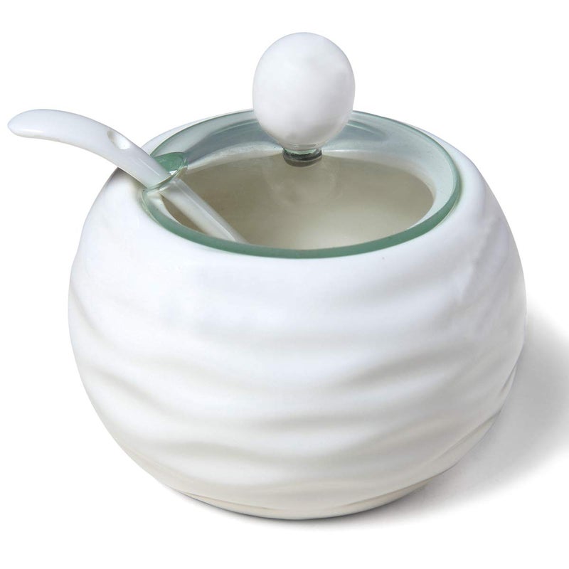 Kitchenexus Ceramic Sugar Bowl Kitchenexus Modern Porcelain Sugar Bowl with Glass Clear Lid and Spoon 88oz250ml in White Weave Shape Suit for Coffee Bar Restaurant Kitchen and Home breakfast 