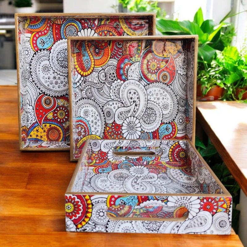 MADARKS Pack of 3 Decorative Multicolor Paisley Pattern MDF Trays |Gift Item | - Image 4