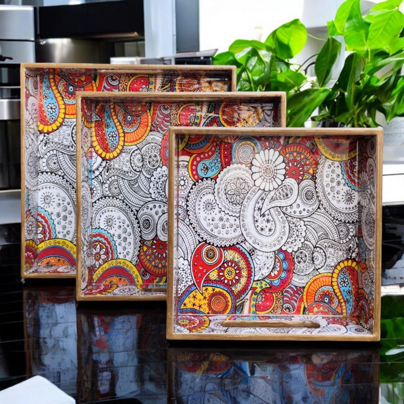 MADARKS Pack of 3 Decorative Multicolor Paisley Pattern MDF Trays |Gift Item | - Image 1