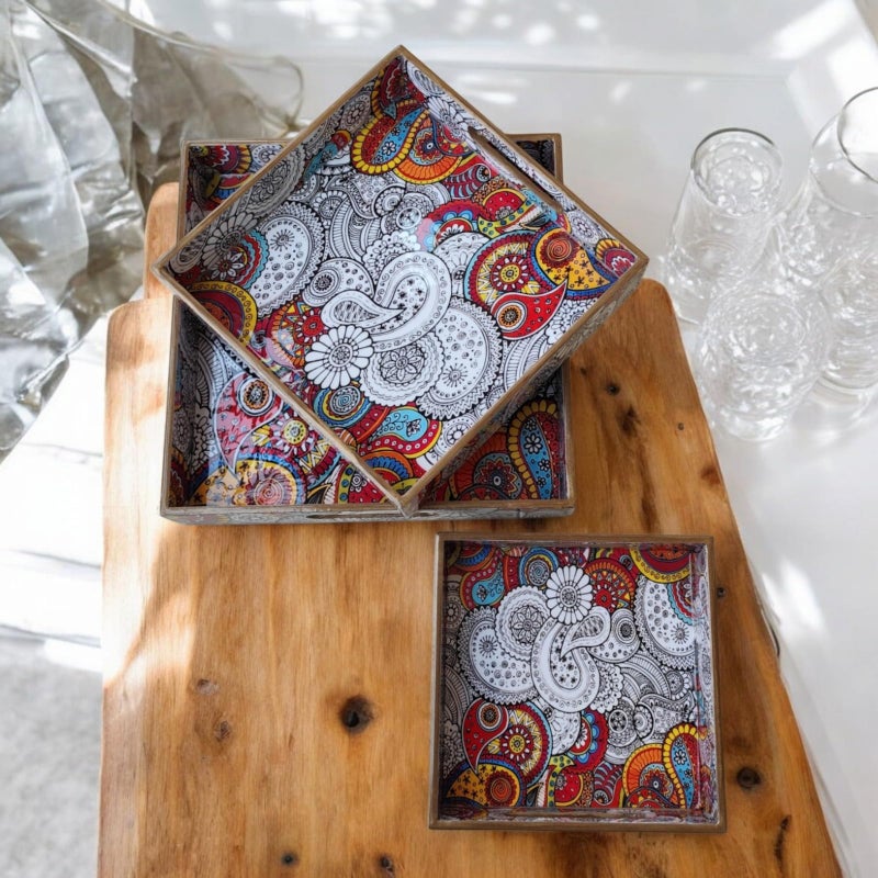 MADARKS Pack of 3 Decorative Multicolor Paisley Pattern MDF Trays |Gift Item | - Image 3