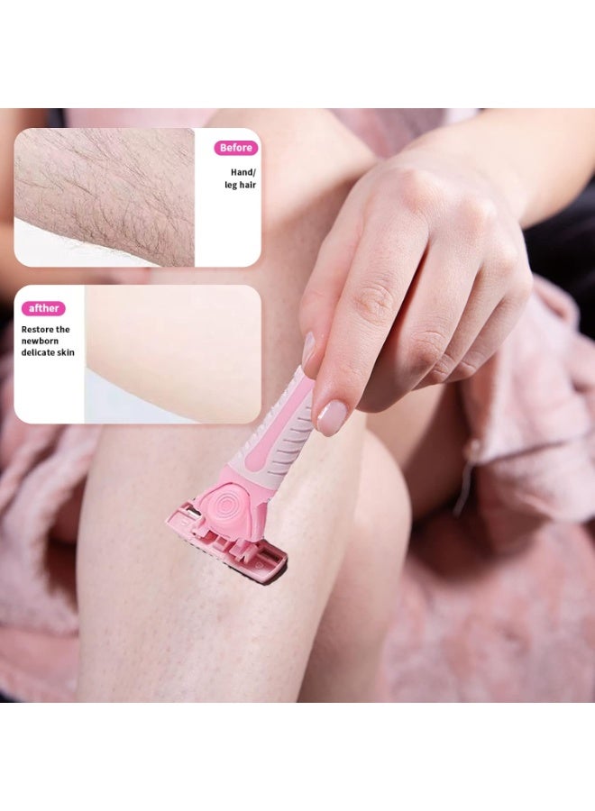 مجموعة حلاقة باللون الوردي مكونة من 2 قطعة مع 8 رؤوس استبدال، تحتوي على 3 شفرات قابلة للتبديل وعلبة تخزين للنساء والفتيات، تصميم بثلاث طبقات من الشفرات المصنوعة من الفولاذ المقاوم للصدأ، مناسبة للبشرة الحساسة - Image 4