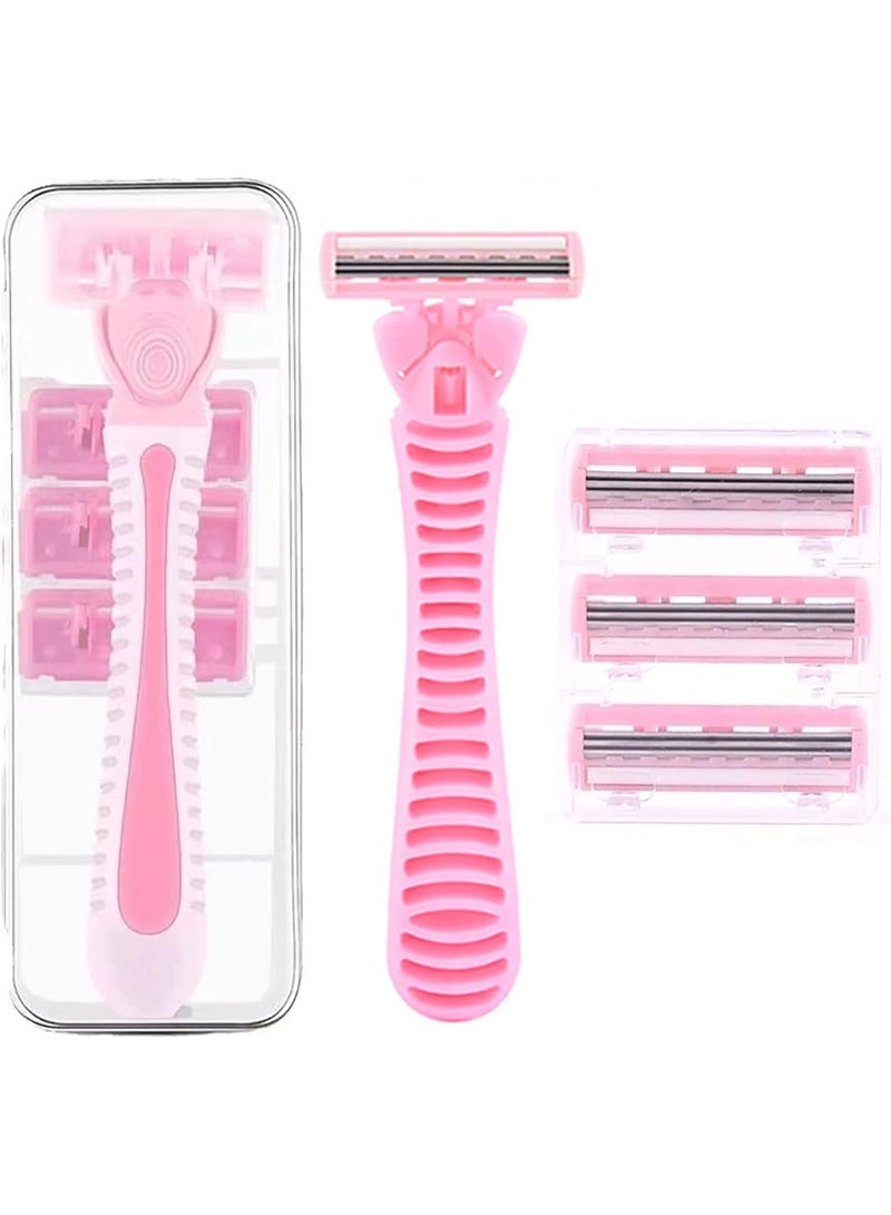 مجموعة حلاقة باللون الوردي مكونة من 2 قطعة مع 8 رؤوس استبدال، تحتوي على 3 شفرات قابلة للتبديل وعلبة تخزين للنساء والفتيات، تصميم بثلاث طبقات من الشفرات المصنوعة من الفولاذ المقاوم للصدأ، مناسبة للبشرة الحساسة - Image 1