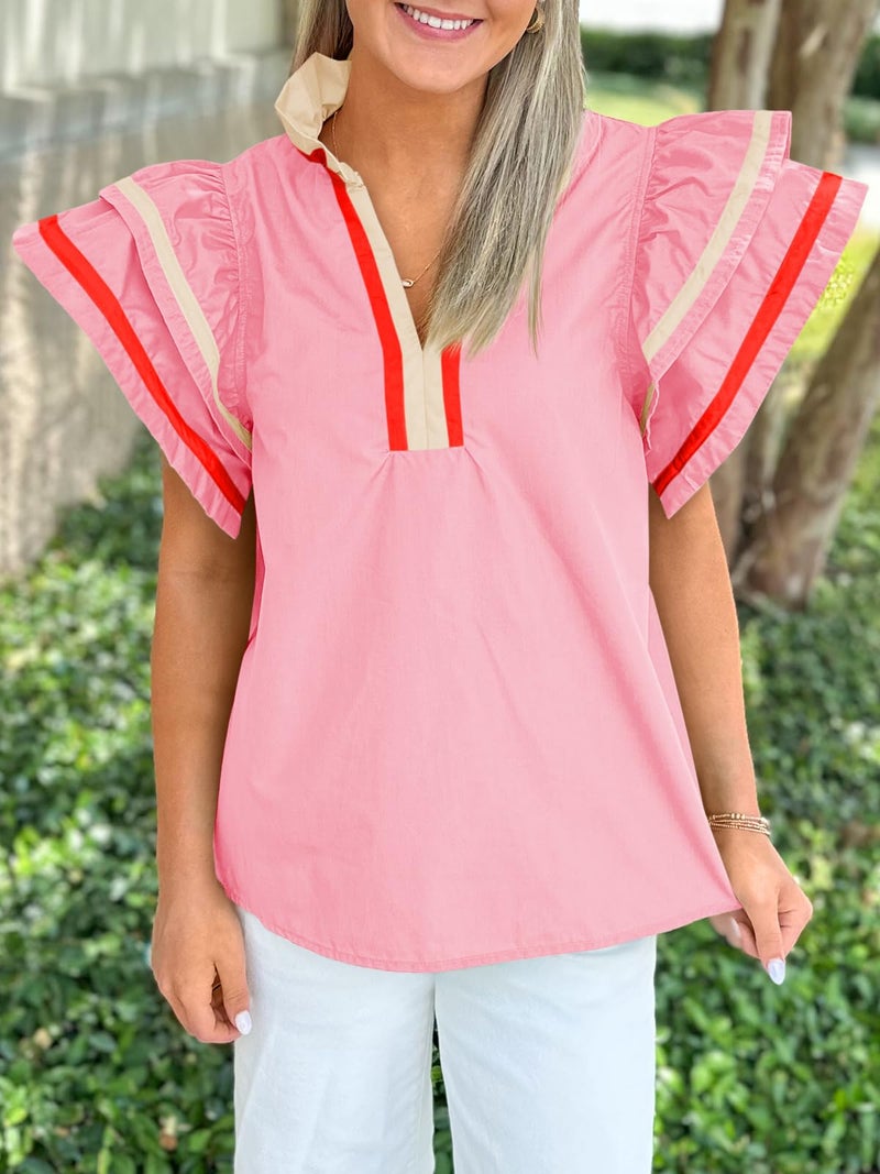 Cicy Bell Womens Ruffle Cap Sleeve Tops Color Block V Neck Dressy Casual Blouses Summer Pleated Loose Fit Shirts Pink - Image 4