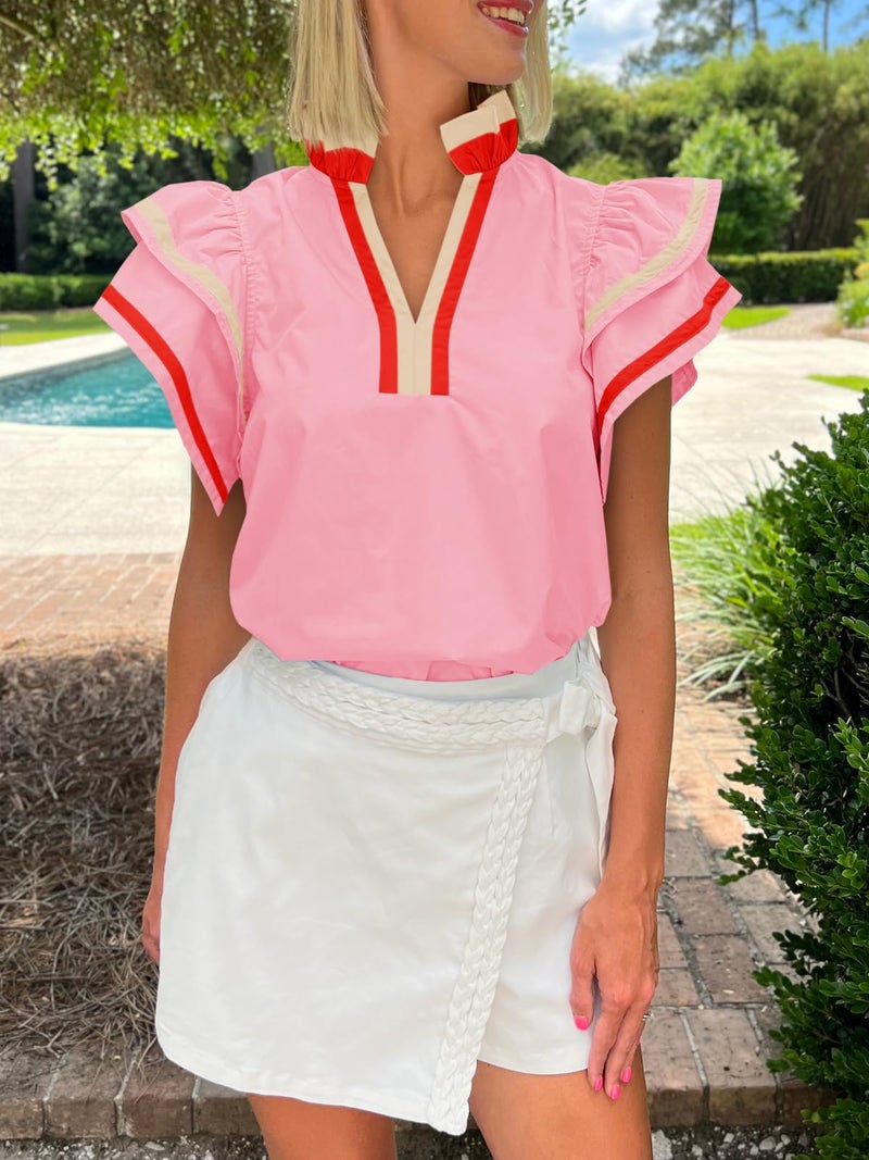 Cicy Bell Womens Ruffle Cap Sleeve Tops Color Block V Neck Dressy Casual Blouses Summer Pleated Loose Fit Shirts Pink - Image 3