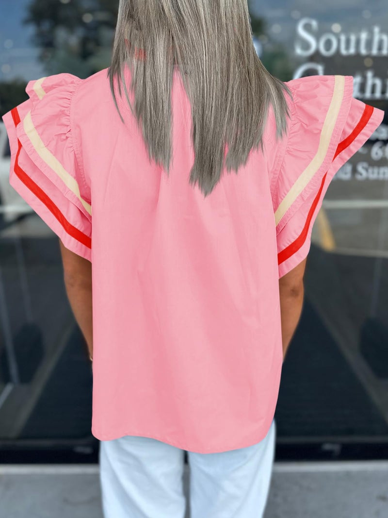 Cicy Bell Womens Ruffle Cap Sleeve Tops Color Block V Neck Dressy Casual Blouses Summer Pleated Loose Fit Shirts Pink - Image 5