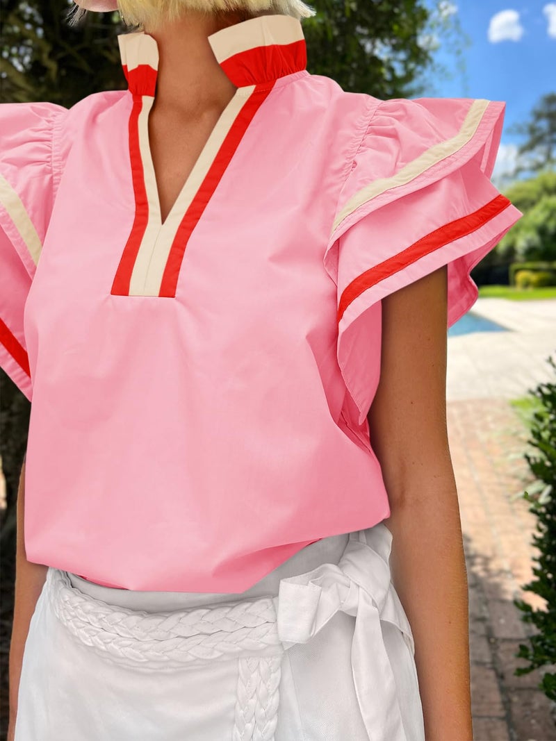 Cicy Bell Womens Ruffle Cap Sleeve Tops Color Block V Neck Dressy Casual Blouses Summer Pleated Loose Fit Shirts Pink - Image 2