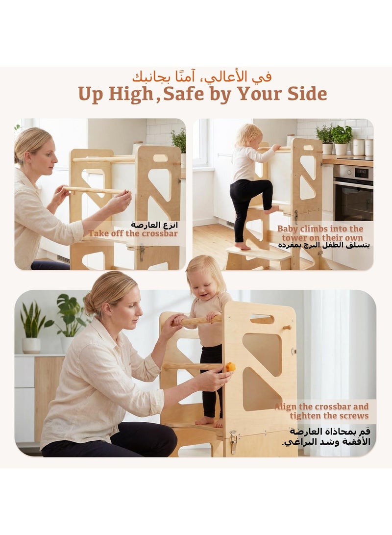 LBMT Toddler Montessori Tower Desk and Chair Set, 4 IN 1 Wood Foldable Kids Desk with Chalkboard, Convertible to Toddler Step Stool for Learning, Cooking, Drawing, Dining & Washing Hands - Image 4