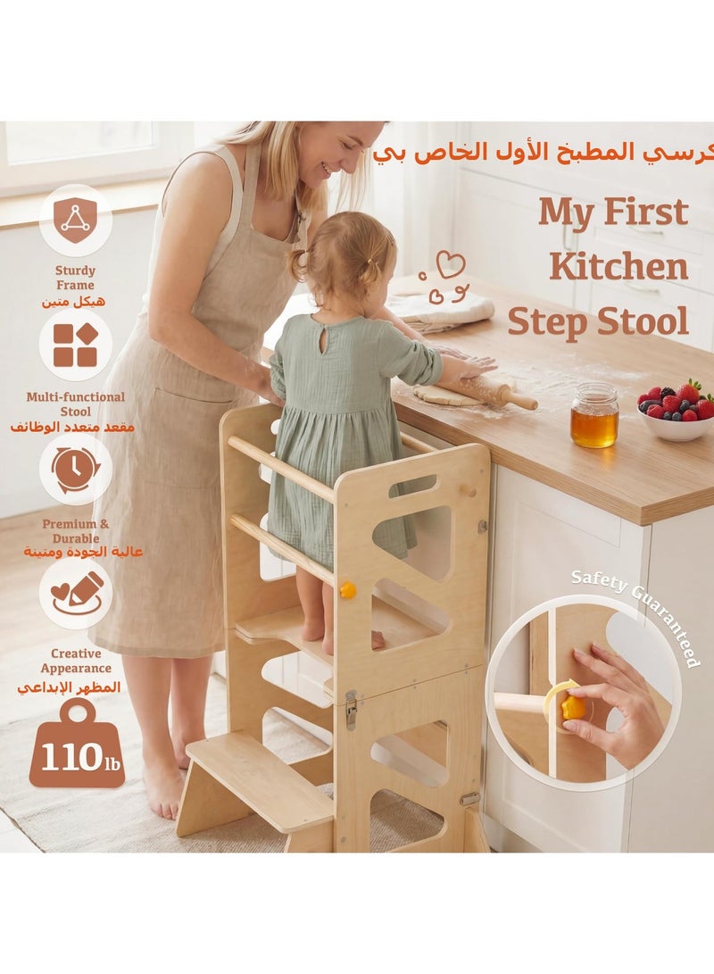 LBMT Toddler Montessori Tower Desk and Chair Set, 4 IN 1 Wood Foldable Kids Desk with Chalkboard, Convertible to Toddler Step Stool for Learning, Cooking, Drawing, Dining & Washing Hands - Image 2